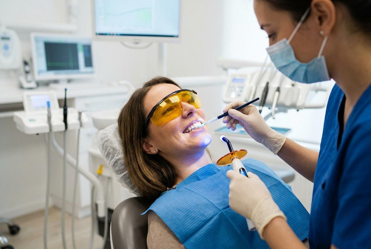 A smiling patient wearing protective glasses reclines in a dental chair while a dentist applies a UV light tool to her teeth.