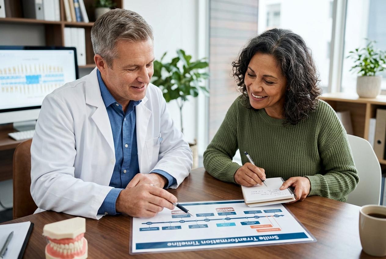 Dentist pointing to a treatment timeline chart on a desk while a smiling patient takes notes in a clinic office.