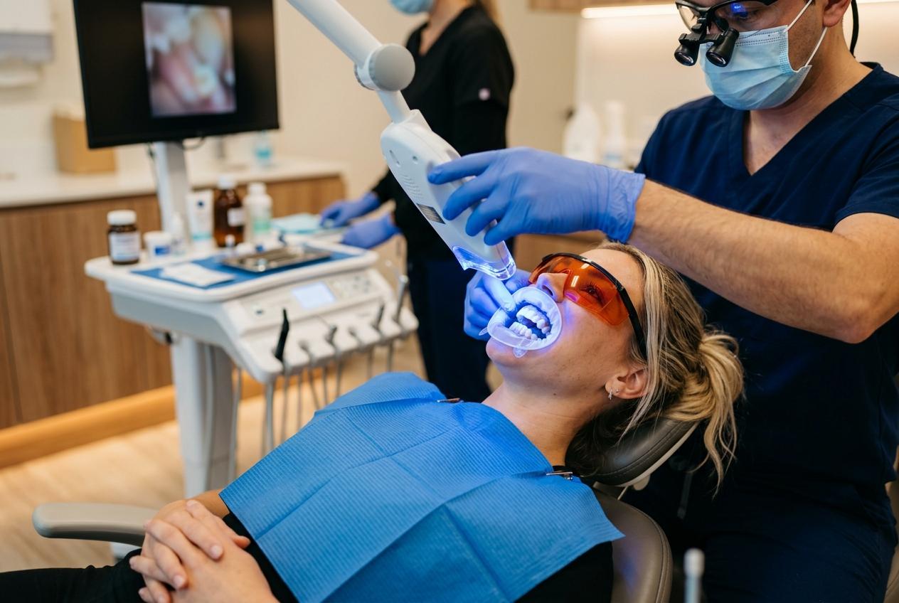 Dentist applies a teeth whitening light to a woman in orange protective glasses reclining in a dental chair.