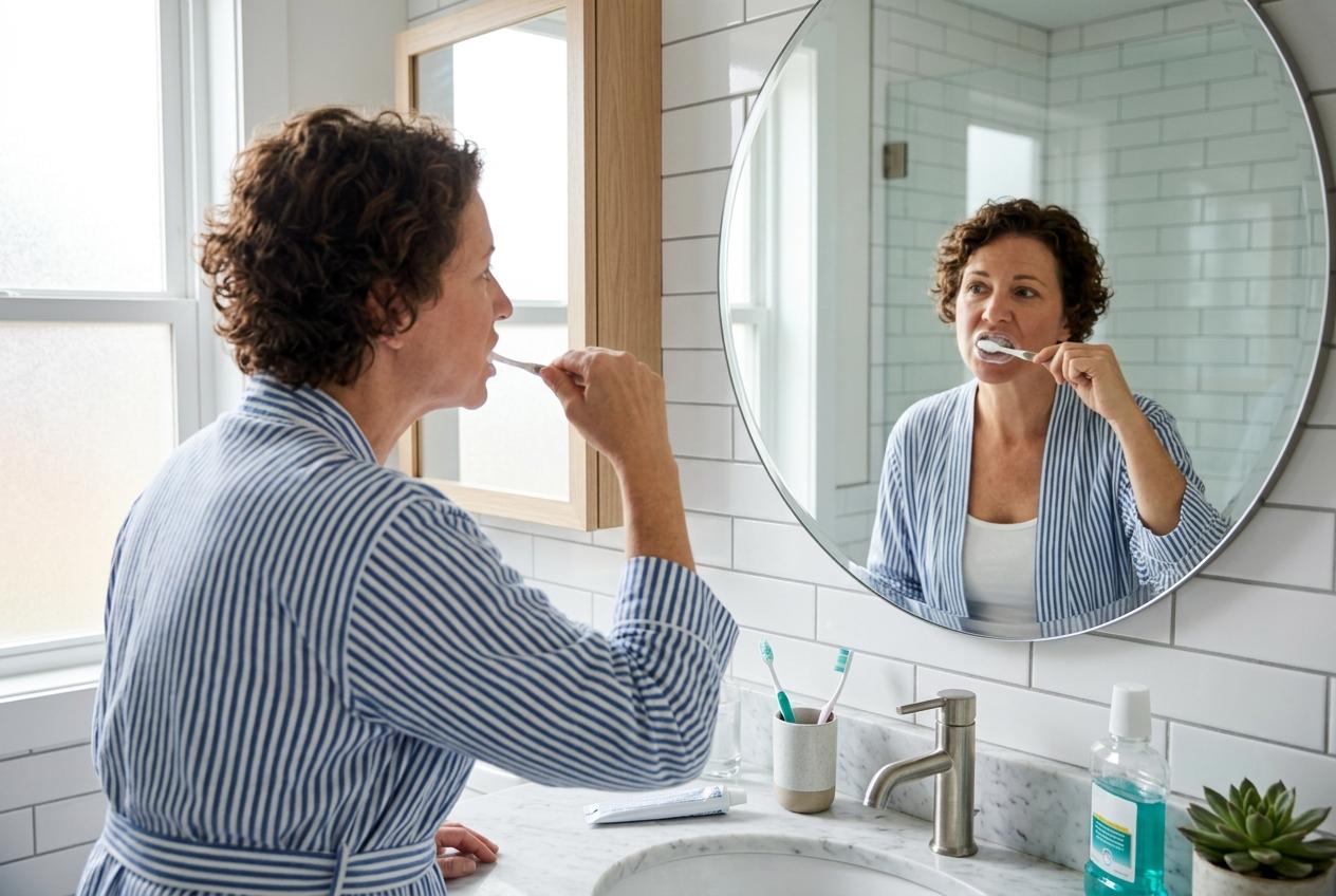 Woman in a striped robe brushing her teeth at a bathroom sink, looking into a round mirror.