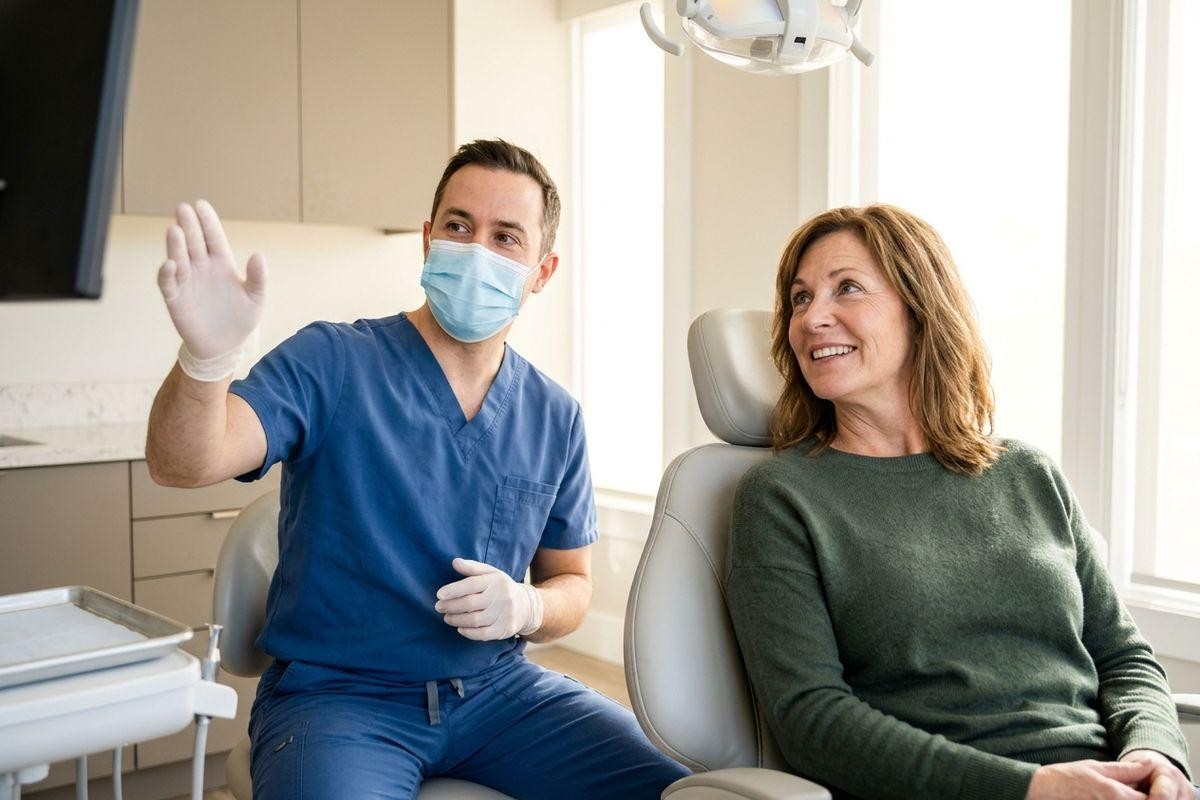 Dentist wearing gloves and mask gestures while speaking to a smiling adult patient seated in a dental chair.